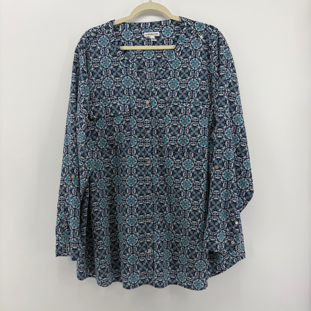Croft & Barrow Womens 3X Blue Teal Geometric Print Long Sleeve Button Up Shirt